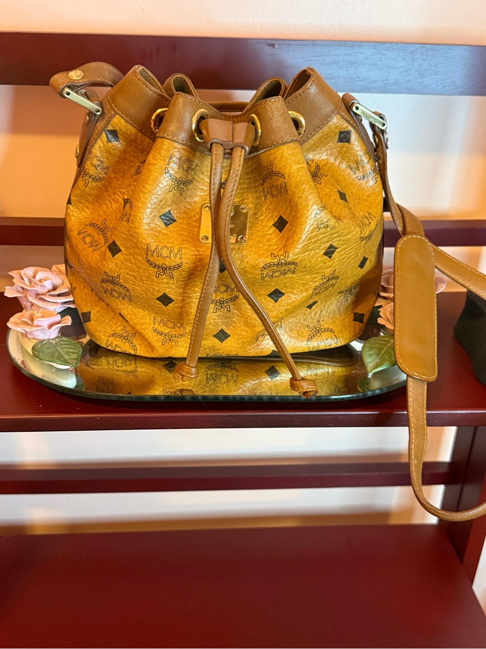 MCM Cognac Monogram Drawstring Bucket Shoulder Bag